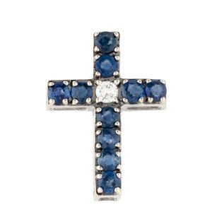 14K White Gold Sapphire & Diamond Blue Cross Pendant For Necklace Women Jewlery